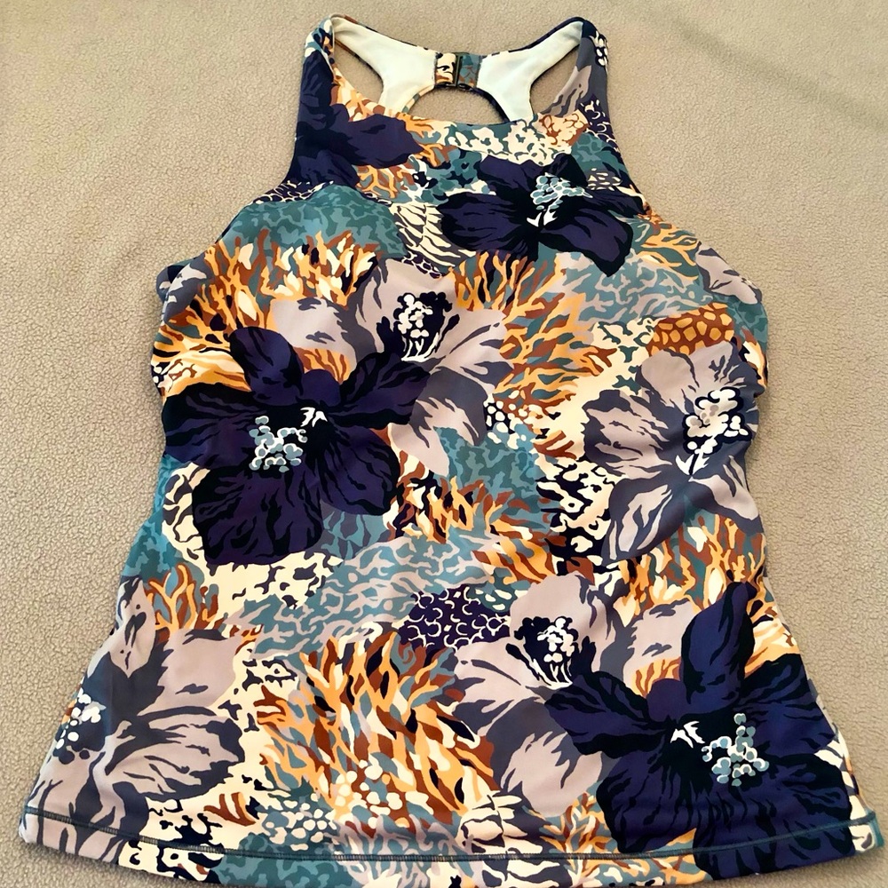 Athleta Floral High-Neck Swim Tank Top in Navy, Teal, Gold, Cream